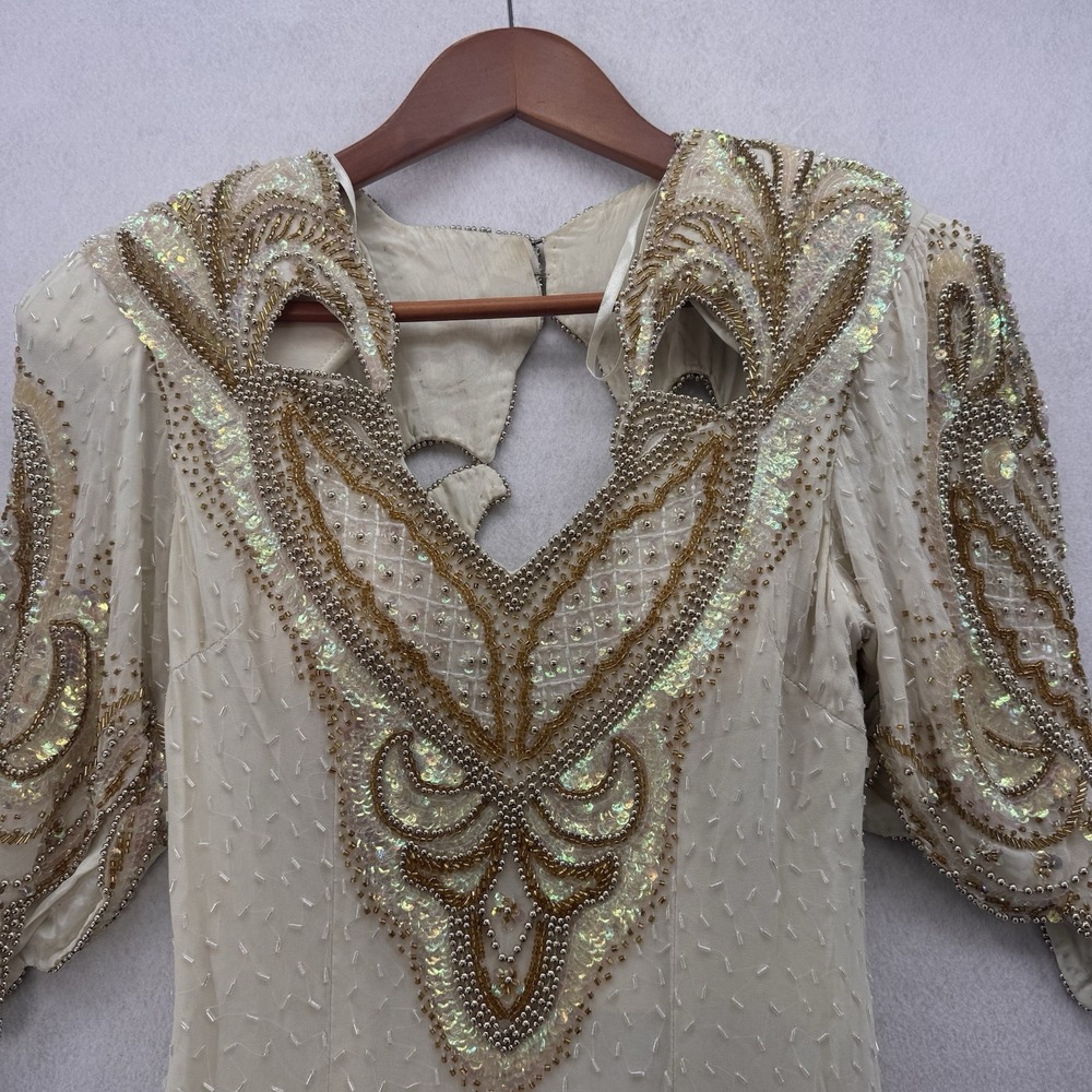 Vintage 1980s Silk Beaded Art Deco Maxi Gown Formal Evening Dress Size M - Picture 3 of 11